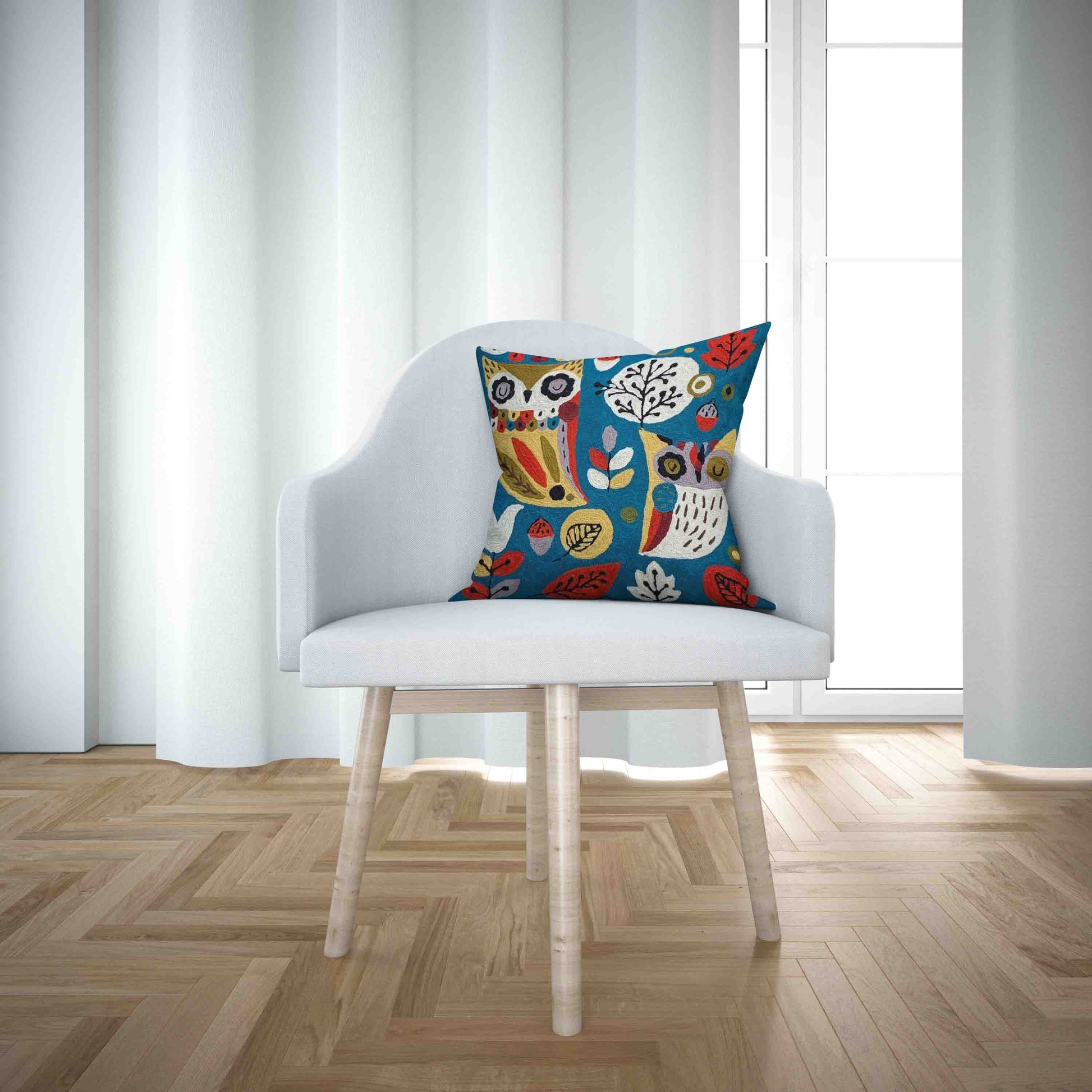 Luxury cushion cover Owl forest bird handmade home decor hand embroidery