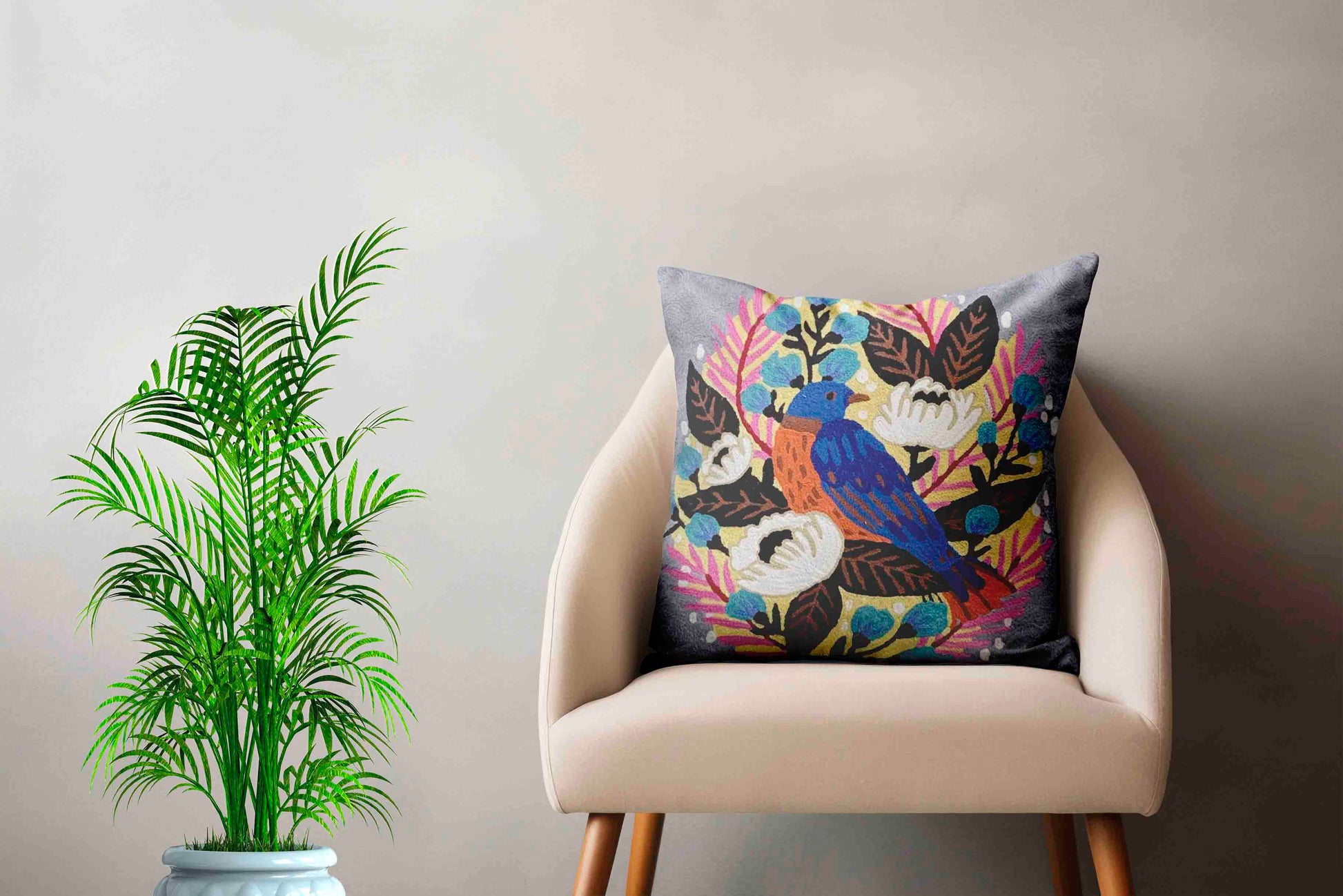 Luxury cushion cover handmade home decor hand embroidery bird  nest