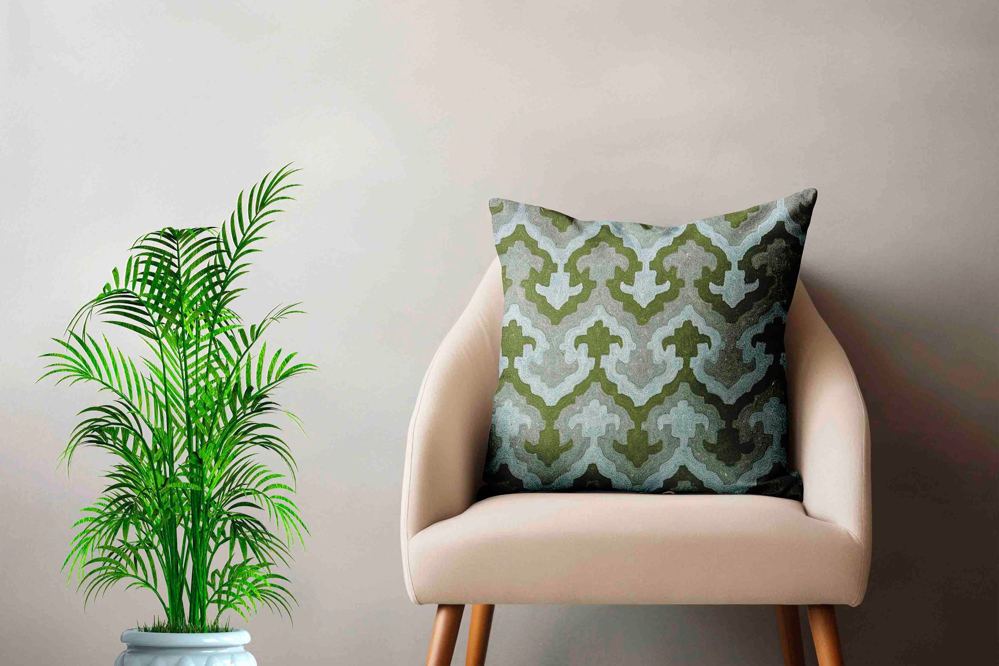 Luxury cushion cover Geometric print art muted blue and green handmade home decor hand embroidery