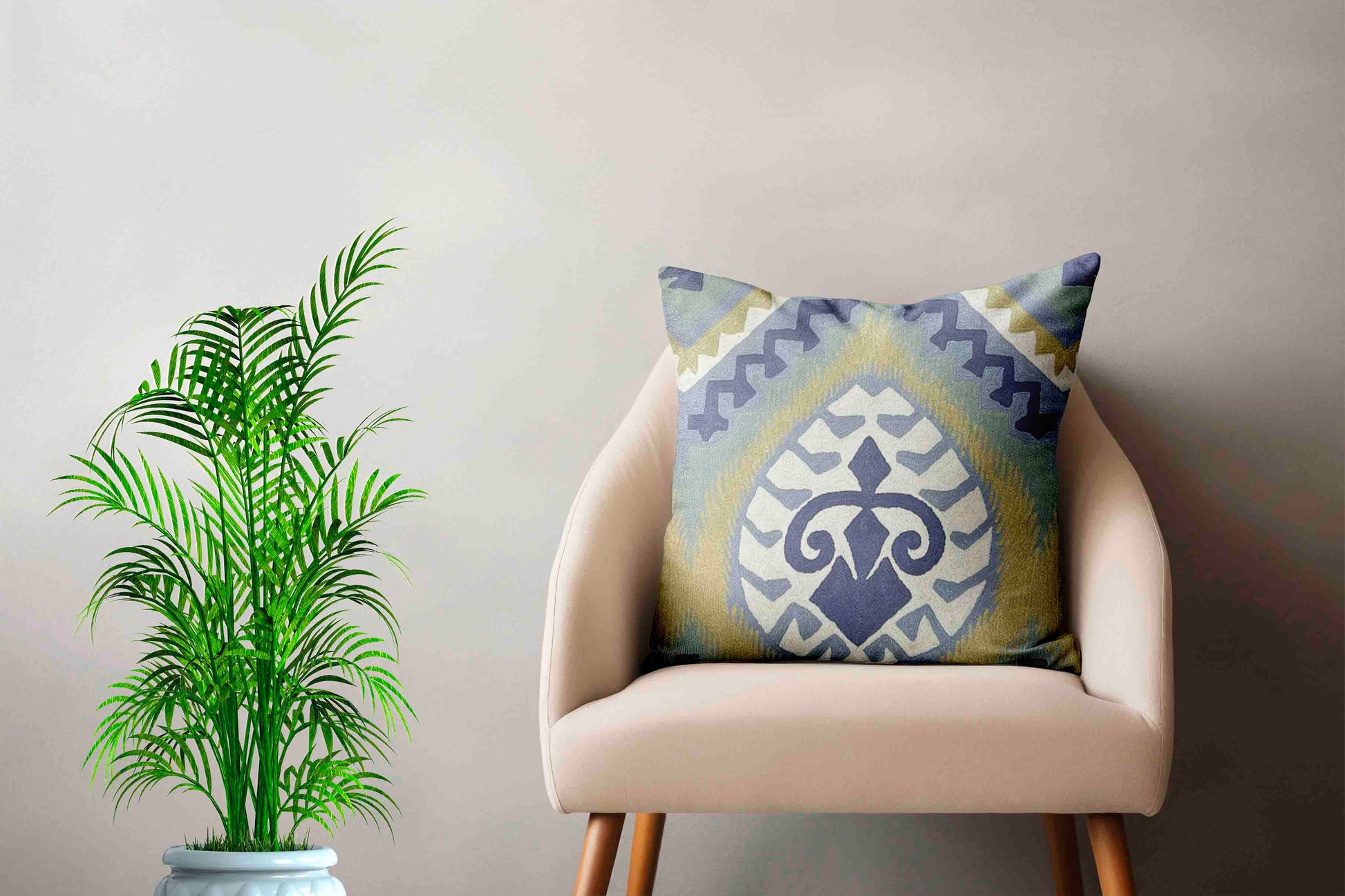 Luxury cushion cover Tri-colored geometric print pastel handmade home decor hand embroidery